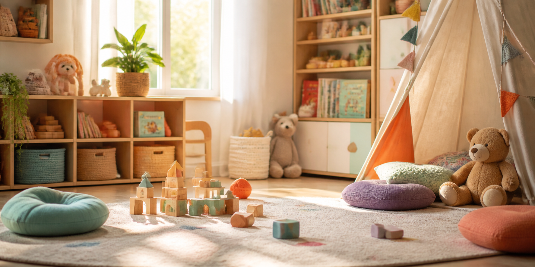 Warm children's playroom with cozy reading tent and wooden blocks